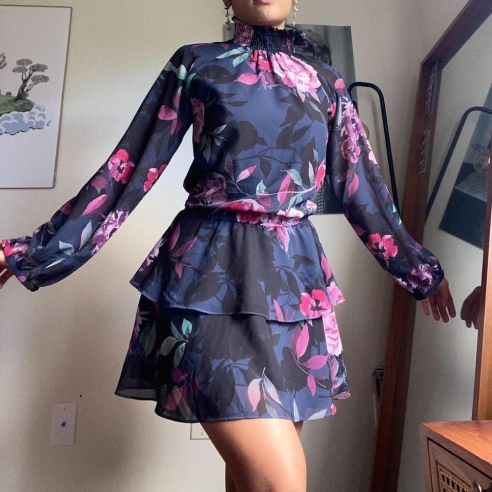 Yumi Kim Floral High Neck cocktaili dress mockneck boho retro